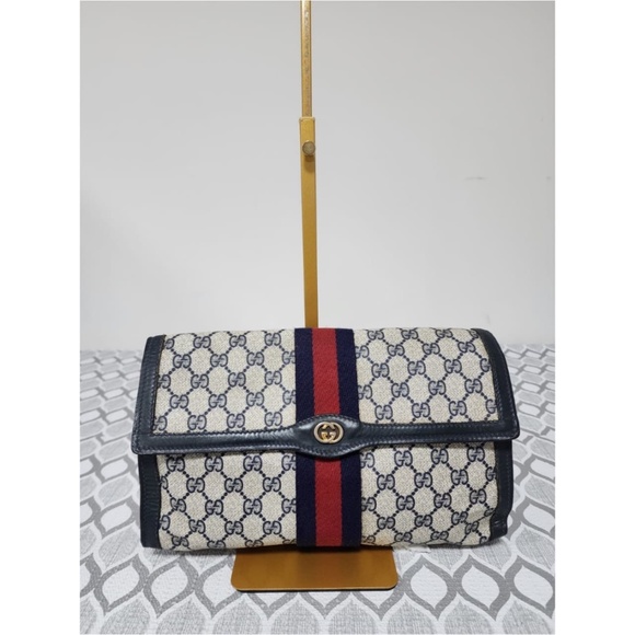 Gucci Handbags - Authentic Gucci Vintage GG Sherry Line PVC Leather Clutch Beige/Navy Blue
